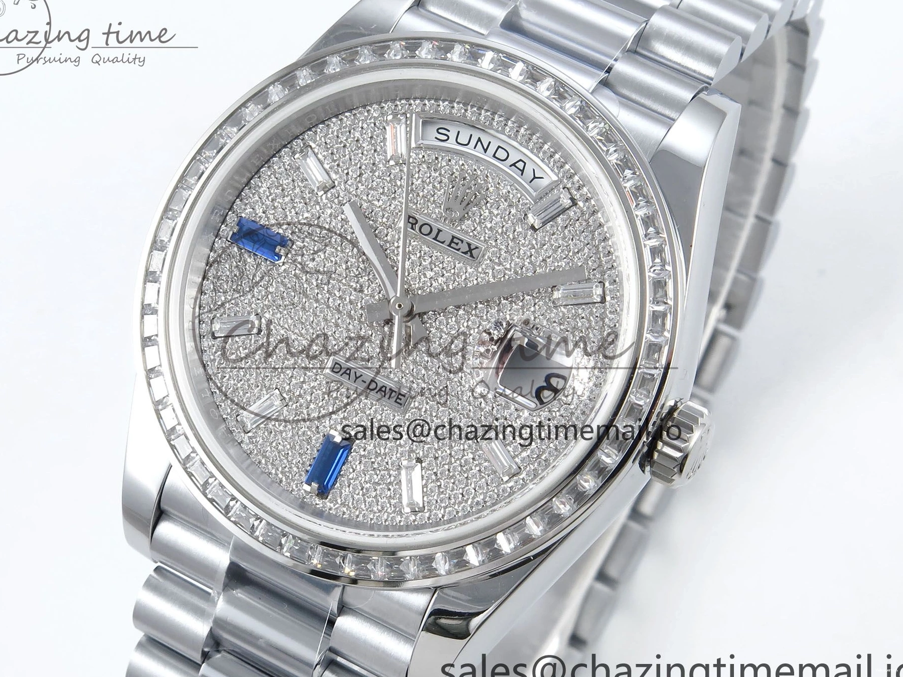 SS DayDate 1:1 Best Bezel QF A2836 40 Diamonds on Weight) Bracelet V5 (Gain Blue President Dial Diamonds Edition 0504